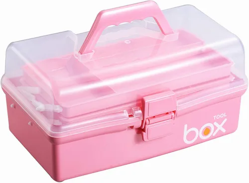Kinsorcai Caja de almacenamiento de plástico transparente de tres capas de 12 pulgadas con asa, caja de herramientas para manualidades, caja de Rosa