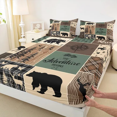 Miniatura 6 de Sábana bajera de retazos rústicos, sábanas de ciervos de oso para niños, adolescentes, adultos, mujeres, juego de ropa de cama rústica de granja