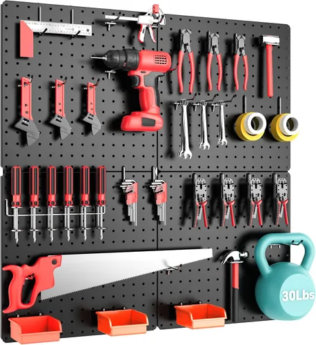 Miniatura 12 de Tablero de Clavijas, Paquete de 4 Paneles de Tablero de Clavijas de Metal Negro, Organizador de Pared con Marco Doblado, Tablero de Clavijas Grande