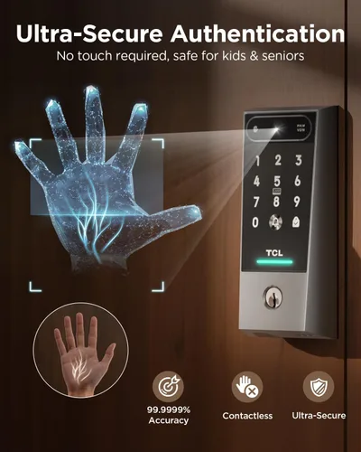 Miniatura 2 de TCL Smart Lock D2 Pro, cerrojo de entrada sin llave de Palm Vein, cerradura de puerta con teclado Wi-Fi, timbre integrado, batería de 8 meses, Gris