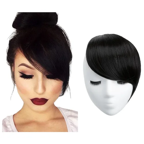 Miniatura 22 de SARLA Flequillo lateral negro marrón con clip en piezas de cabello sintético, extensión de flequillo recto para mujeres