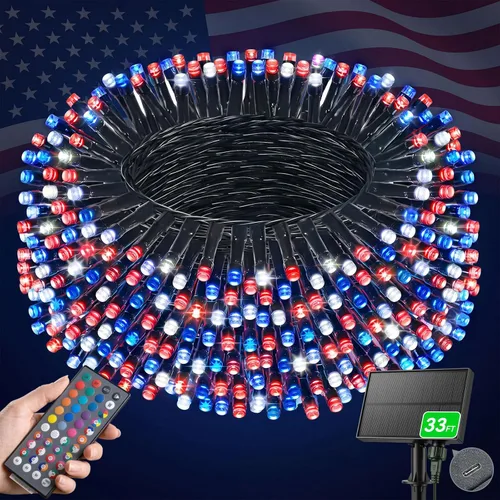 LitHome Decoraciones para el 4 de julio impermeables para exteriores, 33 pies, 100 luces LED solares y alimentadas por USB, para exteriores, rojo,