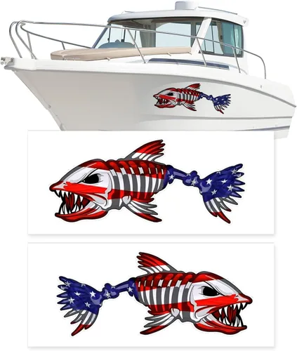 Calcomanías de pez esqueleto de barco de tamaño grande de 15 pulgadas de ancho x 38 pulgadas de largo, calcomanía de pesca con bandera de Estados