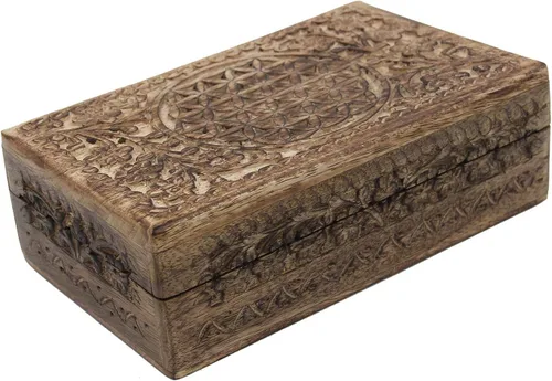 Miniatura 2 de DharmaObjects Caja de almacenamiento de madera tallada a mano con flores de la vida (natural, grande)