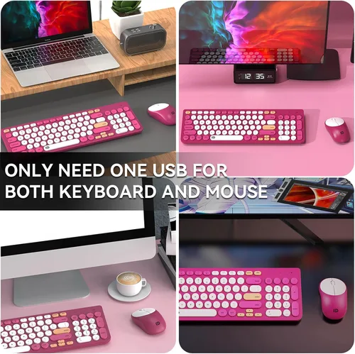 Miniatura 6 de FD Combo de Teclado y Mouse Inalámbricos - USB Inalámbrico de 2.4GHz, Lindo Teclado Inalámbrico con Teclas Redondas, Conjunto Silencioso y Delgado