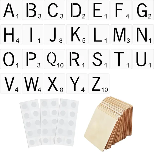 82 plantillas de letras de azulejos de 4 x 4 pulgadas, plantillas de símbolos del alfabeto, plantillas cuadradas sin terminar, rebanadas de madera