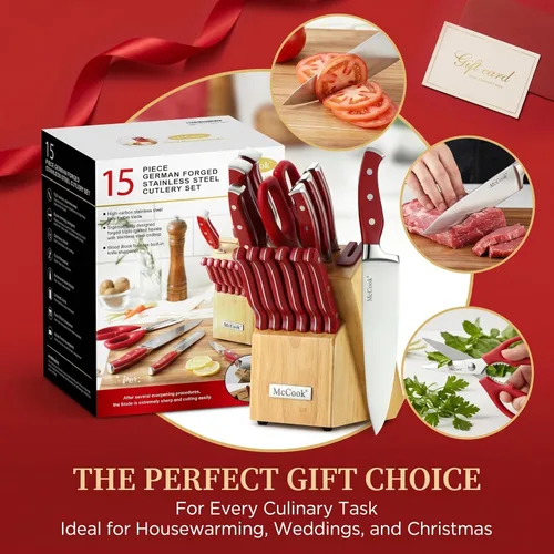 Miniatura 7 de McCook® Juego de cuchillos de cocina de acero inoxidable con bloque de madera, tijeras de cocina y afilador integrado, rojo Color rojo/natural