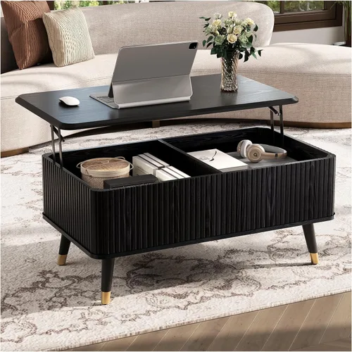 Miniatura 21 de SULIVES Mesa auxiliar ovalada con almacenamiento, mesa de centro multifuncional con tambor elevable, pequeña mesa central acanalada para sala