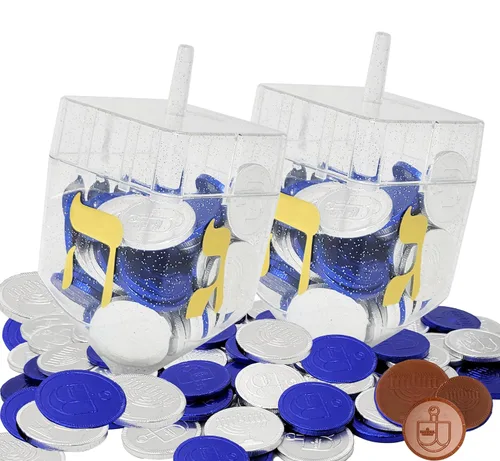 The Dreidel Company 2 paquetes de Dreidel rellenos con monedas de Hanukkah Gelt azules y plateadas, 10 monedas de Hanukkah Gelt por Dreidel, total