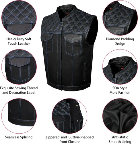 Miniatura 3 de GARGOYLE BELLS Chaleco de moto de mezclilla y cuero para hombre con bolsillos para pistola SOA Biker Club Chaleco con acolchado de diamante