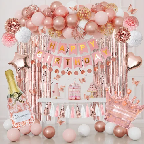 Kit de decoración de fiesta de cumpleaños de oro rosa para mujeres y niñas, confeti de oro rosa, globos de feliz cumpleaños rosa, cortinas de