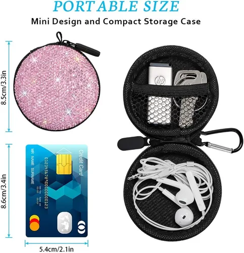 Miniatura 3 de SAVORI Estuche para auriculares pequeños con diamantes de imitación de cristal portátil, organizador de auriculares, bolsa de almacenamiento con Rosa