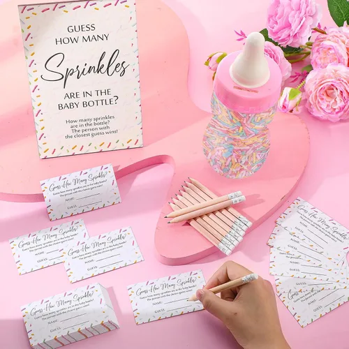 Miniatura 5 de Qilery 122 piezas de juegos de baby shower Adivina cuántos gránulos incluidos, letrero de pie, 100 tarjetas de adivinanza, 20 lápices, 1 biberón Rosa