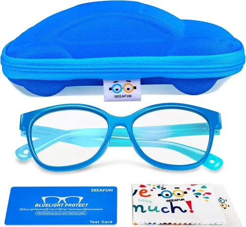 Miniatura 14 de Gafas de luz azul para niños y niñas con bonita funda de automóvil, protección UV400, antirayos azules, edades de 3 a 12 años Azul transparente
