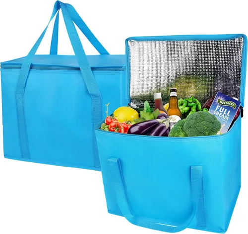 Paquete de 2 bolsas aislantes extra para la compra, azul grande, bolsas reutilizables, Pizza, cremallera resistente, plegable, tote, nevera, para el