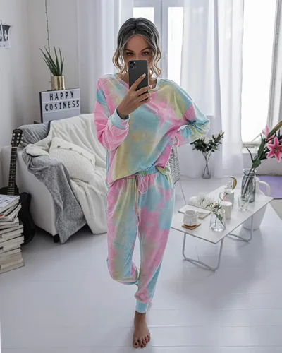 Miniatura 64 de Prettygarden - Conjunto de pijama de dos piezas para mujer, diseño de teñido anudado, sudadera informal de manga larga con pantalones largos, ropa