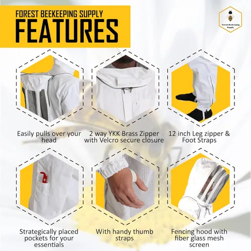 Miniatura 3 de Forest Beekeeping Traje de apicultura Adecuado para apicultores principiantes y comerciales Overol de algodón blanco con capucha Cremalleras