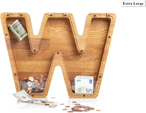 Miniatura 7 de Alcancía de madera personalizada con letra para niños, niñas y adultos, bancos de monedas de madera de roble duradero, 3 tamaños para elegir