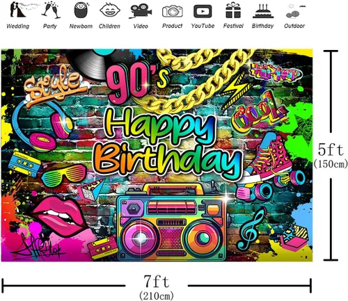 Miniatura 4 de Telón de fondo de los años 90, hip pop, feliz cumpleaños, graffiti de los años 80, 90, fiesta de graffiti, retro, urbano, telón de fondo de neón
