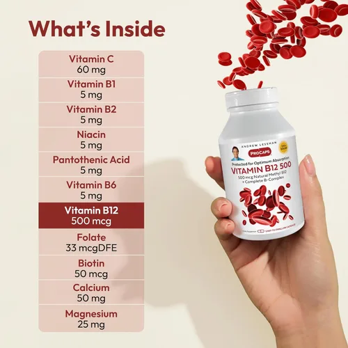 Miniatura 3 de ANDREW LESSMAN Vitamina B12 500 60 cápsulas – Metilcobalamina protegida por absorción (coenzima natural vitamina B12), esencial para la energía