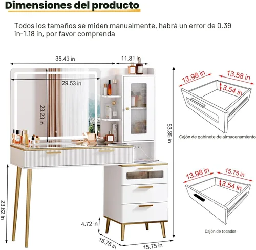 Miniatura 3 de Arulvmrn Escritorio de tocador con espejo iluminado HD de 29.53 pulgadas, escritorio moderno grande de 47.24 pulgadas con espejo y luces, tocador