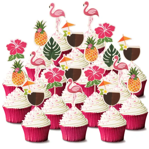Miniatura 2 de Maitys Luau - Decoración para cupcakes, decoración de tartas tropicales, palillos de dientes hawaianos con flamenco y piña, hojas de palma