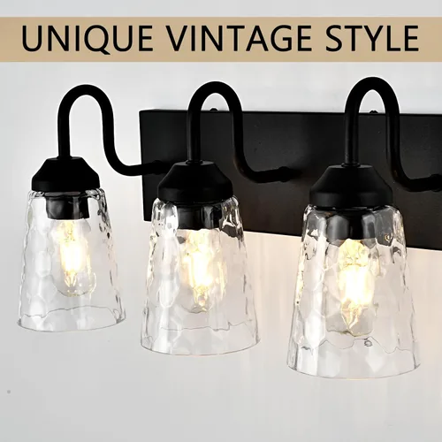 Miniatura 2 de Lámpara de baño de 3 luces, luces costeras con pantalla de cristal de cristal, lámpara de pared negra para espejo de cocina, pasillo, dormitorio