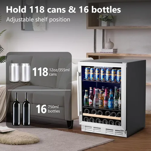Miniatura 2 de Refrigerador de bebidas y vino de 24 pulgadas integrado o independiente, capacidad para 120 latas y 16 botellas, enfriador de vino