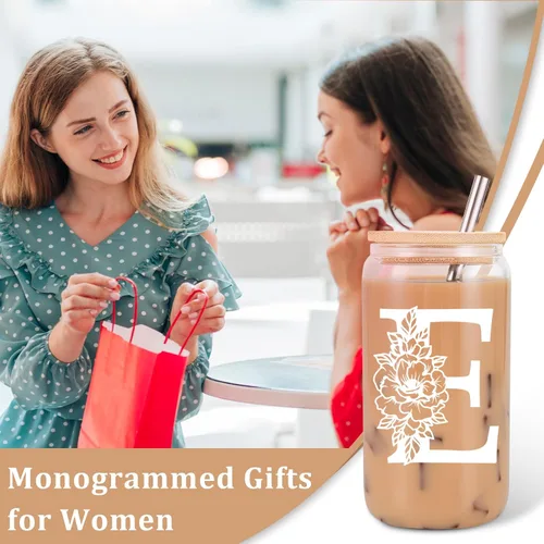 Miniatura 3 de Taza de Vidrio Inicial Coolife, Regalos Personalizados con Monograma para Mujeres, Tazas de Vidrio de 16 oz con Tapas y Popotes, Taza para Café