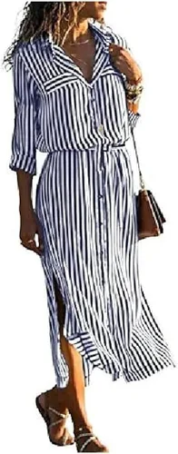 Miniatura 4 de Vestido de camisa de mujer Maxi vestido largo negro naranja manga corta rayas primavera verano