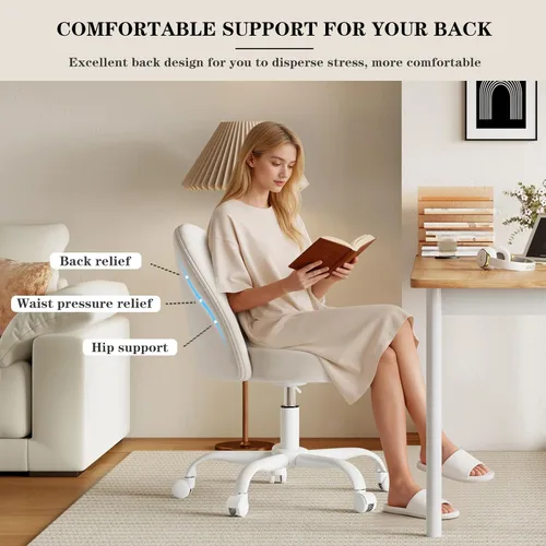 Miniatura 8 de Silla de tocador de terciopelo con ruedas, silla giratoria de maquillaje de altura ajustable, silla de escritorio pequeña sin brazos para Blanco