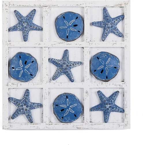 NIKKY HOME Decoración de playa Tic Tac Toe 5 dólares de arena y 5 piezas de estrella de mar Juego de viaje en tablero de madera para decoración de
