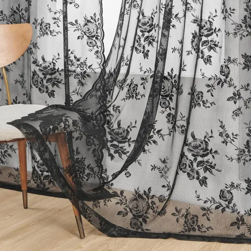 Miniatura 2 de SEEKRIGHT - 2 paneles de cortinas traslúcidas de encaje negro, cortinas góticas florales, cortinas victorianas con bolsillo para cortinero