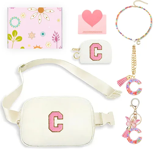 Miniatura 8 de Regalos de moda para niñas adolescentes, cangurera con monograma para niña con llavero, collar, dijes de taza, tarjeta de felicitación y caja