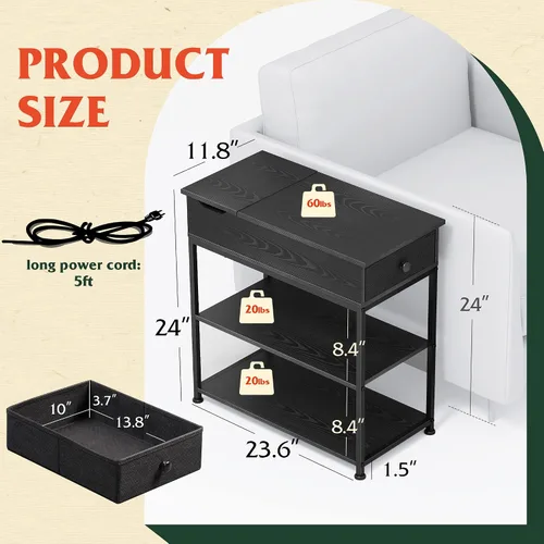 Miniatura 3 de WLIVE Mesa auxiliar estrecha con 2 puertos USB y 2 tomacorrientes, mesa auxiliar negra con cajón y estantes de almacenamiento, mesita de noche
