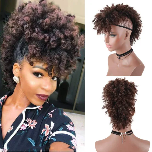 Miniatura 16 de Aisaide Cola de caballo afro Mohawk alta con flequillo sin cordón, extensión de cola de caballo corta rizada sin cordón, clip sintético en moño