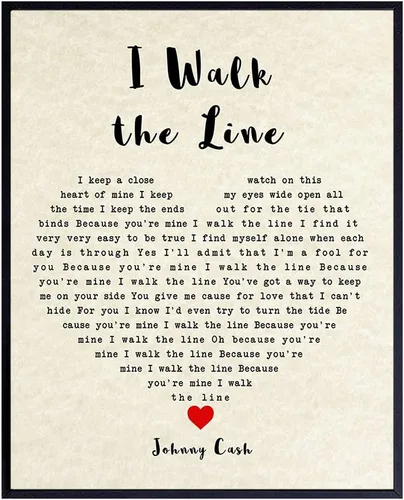 Póster Johnny Cash – Letra de canción de 8 x 10 pulgadas «I Walk The Line», regalo para fanáticos de la música country, Nashville, Grand Ole Opry,
