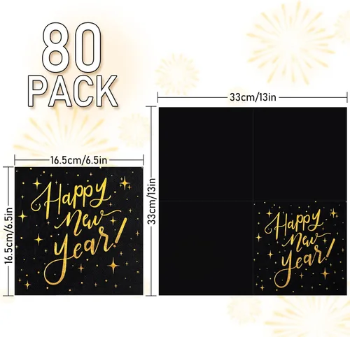 Miniatura 2 de Waline - 80 servilletas de papel desechables de papel de Año Nuevo, color negro y dorado, servilletas de cena para Nochevieja, suministros de fiesta