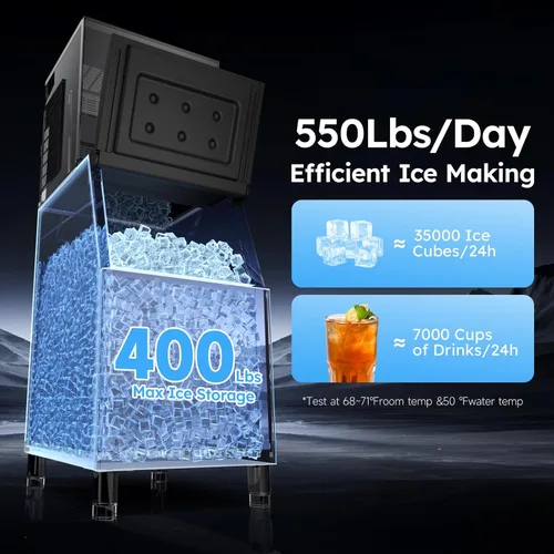 Miniatura 2 de Commercial Ice Machine 550LBS/24H,Storage 400LBS,Large Industrial Ice Maker,Ice Ready in 5-15min,with Self-Cleaning Mode,with Timing Function,30