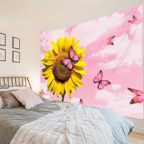 Miniatura 19 de LB Tapiz de nube rosa para colgar en la pared, cielo azul y fantasía, nube pastel, paisaje natural, tapiz de pared para dormitorio, arte de pared
