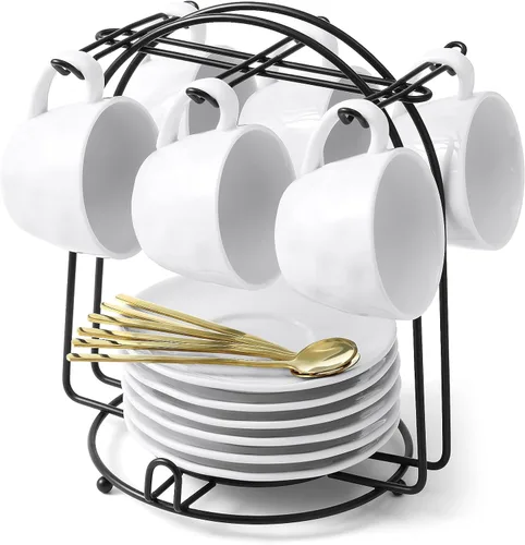 Tazas de café de 4 onzas con platillos y soporte de metal, cucharas, tazas de café apilables de porcelana, tazas Demitasse, perfectas para expreso