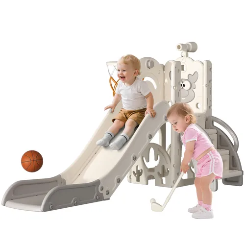 Miniatura 8 de BIERUM Tobogán para niños, juego de 6 en 1 para interiores y exteriores con aro de baloncesto, juego de golf y telescopio, juego de tobogán y Azul