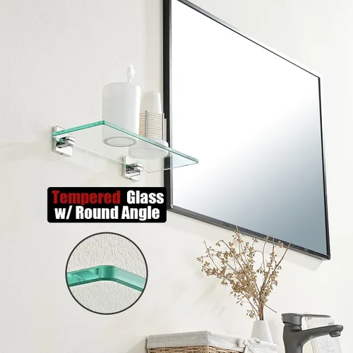 Miniatura 6 de JQK Estante de cristal para baño cromado, almacenamiento de ducha de vidrio templado de 12 x 5 pulgadas, montaje en pared cromado pulido de acero