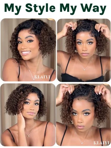 Miniatura 6 de KLAIYI Bye Bye Slip™ - Pelucas de cabello humano con encaje frontal 7x5, color marrón castaño degradado, rizado, sin pegamento, precortadas de 7 x