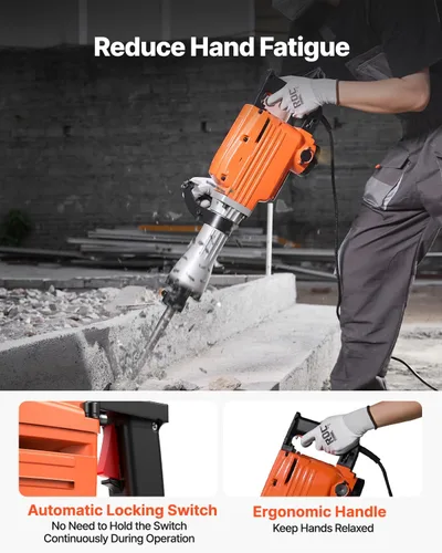 Miniatura 7 de VEVOR Martillo de demolición Jack Hammer, Martillo eléctrico MAX 2200W de alta resistencia, rompedor de hormigón de 1400 BPM, 4 piezas de cinceles