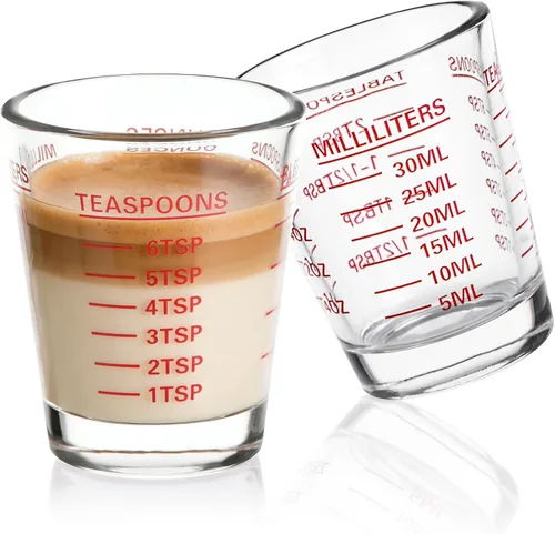 SAIAOKJ Juego de Vasos de Chupito y Taza de Medición 2PAQUETE Vasos de Chupito Espresso de Vidrio Pesado Líquido 26 Mediciones Incrementales 1 OZ, 2
