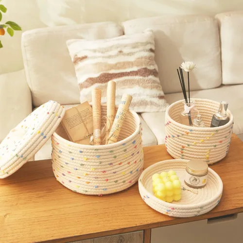Miniatura 4 de Esme L&H Cesta pequeña de cuerda con tapa, pequeña cesta de almacenamiento tejida redonda de 10 x 6 pulgadas con tapa para organizar, pequeña