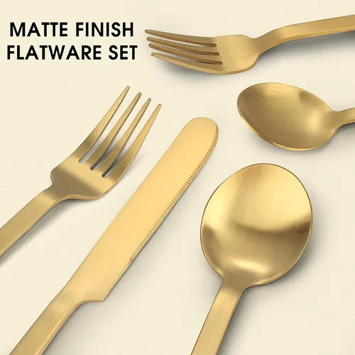 Miniatura 3 de Juego de cubiertos dorados de 20 piezas, para 4 personas, acero inoxidable, cucharas y tenedores, acabado mate, apto para lavavajillas Dorado mate