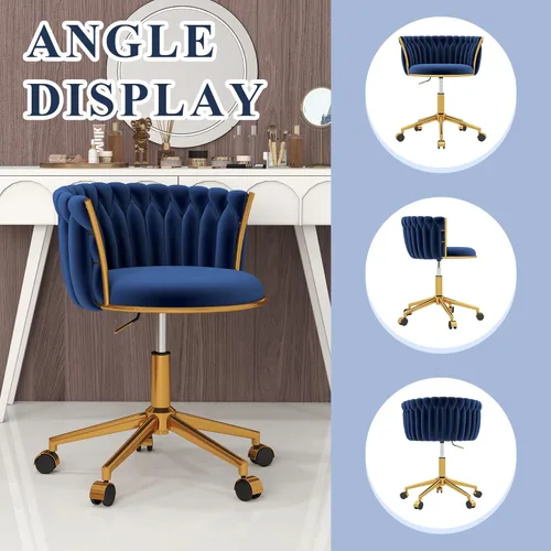 Miniatura 8 de ABET Silla de tocador con ruedas, pequeña silla de escritorio de terciopelo para oficina, taburetes de maquillaje semicirculares tejidos a mano