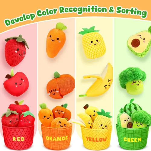 Miniatura 2 de TOHIBEE Juguetes Sensoriales para Bebés - 16 Piezas de Frutas y Verduras de Comida de Juego para Clasificar Colores con Sonajero, Crujido, Juguetes